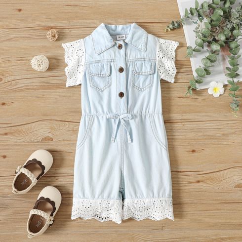 Toddler Girl Denim Lace Decor Lapel Pretty Flutter-sleeve Jumpsuit