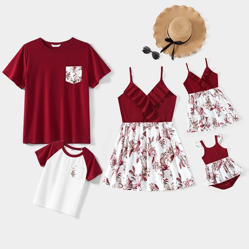 Family Matching Red Splice Floral Print V Neck Ruffle Trim Cami Tops and Short-sleeve T-shirts Sets