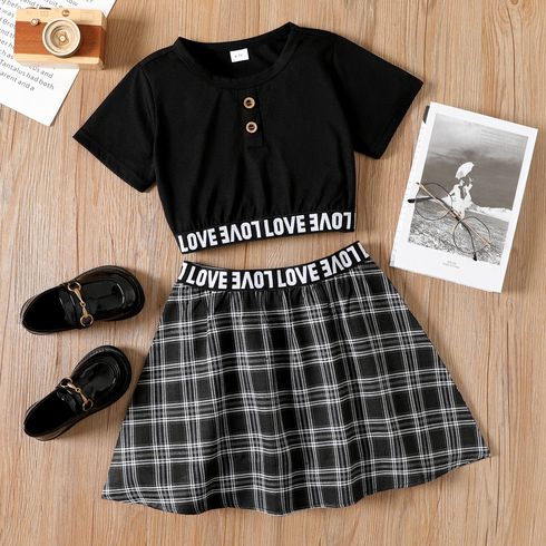 2pcs Kid Girl Letter Print Button Design Short-sleeve Black Tee and Plaid Skirt Set