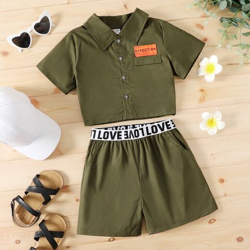 2pcs Kid Girl Lapel Collar Button Design Short-sleeve Army Green Shirt and Letter Print Shorts Set