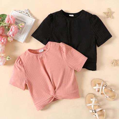 Kid Girl Solid Color Ribbed Twist Knot Short-sleeve Tee
