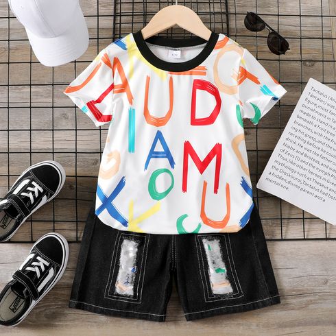 2pcs Kid Boy Colorful Letter Print Short-sleeve Tee and Ripped Denim Patchwork Shorts Set