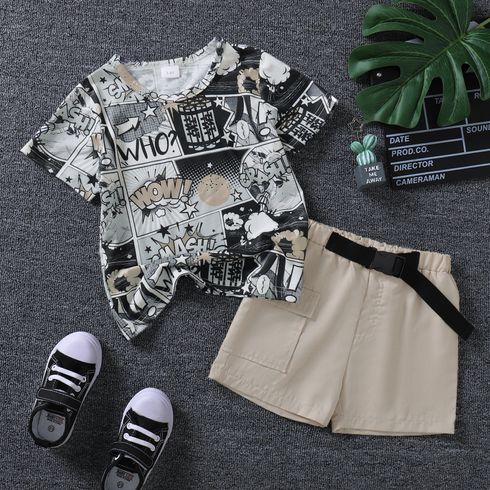 2pcs Toddler Boy Playful Comic Print Tee and Belted Cargo Shorts Set