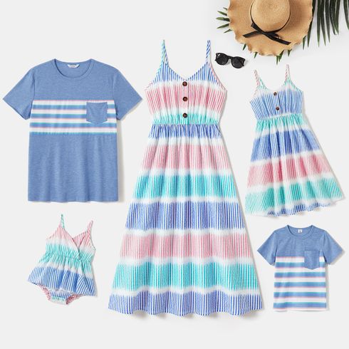 Family Matching Tie Dye V Neck Spaghetti Strap Dresses and Striped Short-sleeve T-shirts Sets