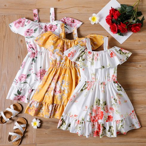 Kid Girl Floral Print Flounce Off Shoulder Slip Dress