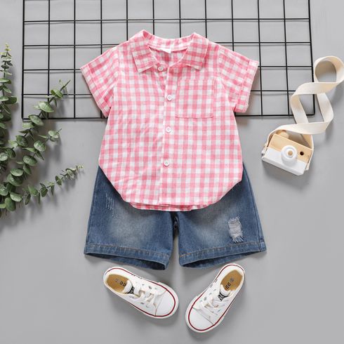 2pcs Toddler Boy Trendy Ripped Denim Shorts and Plaid Lapel Collar Shirt Set