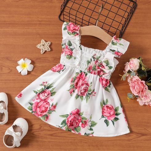 Baby Girl Allover Floral Print Ruffle Trim Shirred Tank Dress
