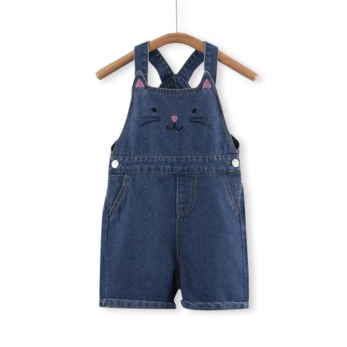Toddler Girl Cat Embroidered Denim Rompers