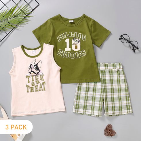 3-Pack Toddler Boy Animal/Letter Print Tee & Tank Top and Plaid Shorts Set