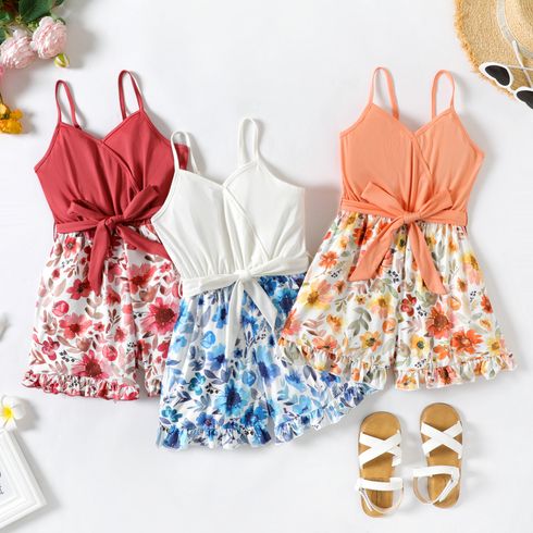 Kid Girl Floral Print Splice Ruffled Belted Slip Rompers
