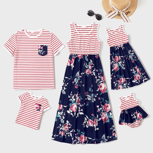 Family Matching Striped Splicing Floral Print Tank Dresses and Short-sleeve T-shirts Sets