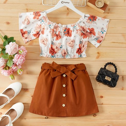 2pcs Kid Girl Floral Print Off Shoulder Ruffled Short-sleeve Tee and Button Design Belted Brown Skirt Set