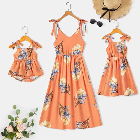 All Over Floral Print V Neck Tie Shoulder Cami Dress for Mom and Me