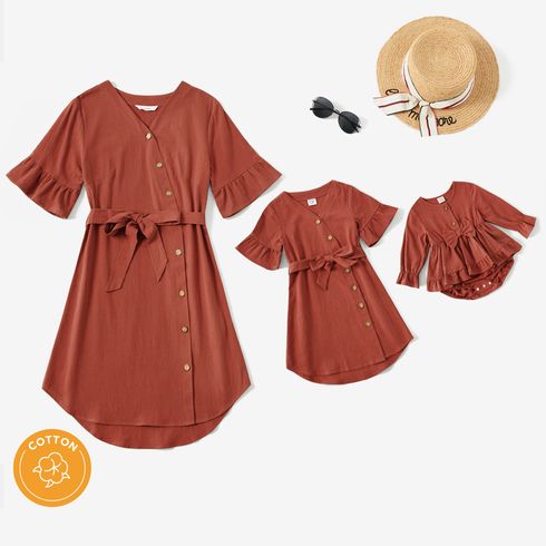 100% Cotton Solid V Neck Ruffle Sleeve Belted Dress for Mom and Me