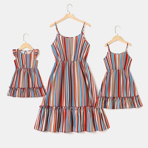 Colorful Striped Ruffle Hem Cami Dress for Mom and Me