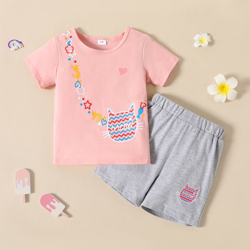 Sleepy Eyes Toddler Girl 2pcs 100% Cotton Kitty Bag Print Short-sleeve Pink T-shirt Top and Grey Shorts Set