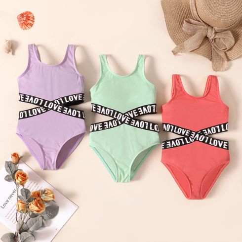Toddler Girl Letter Print Cut Out Sleeveless Onepiece Swimsuit