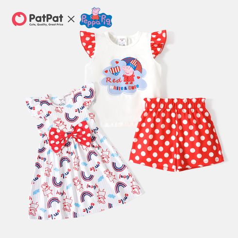 Peppa Pig 2pcs Toddler Girl Polka Dots Tee & Shorts Set/ Rainbow Print Bowknot Design Flutter-sleeve Dress