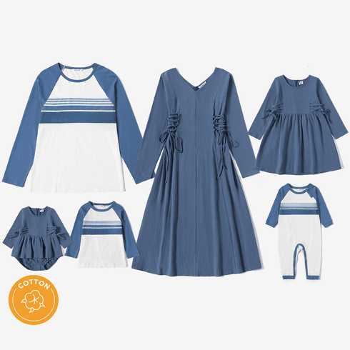 Mosaic Family Matching Blue Series Cotton Sets(V-neck Dresses - Raglan Long Sleeves T-shirts - Rompers)