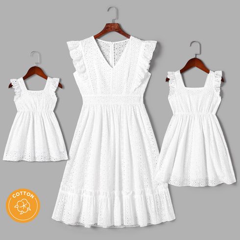 100% Cotton White Hollow-Out Floral Embroidered Ruffle Sleeveless Dress for Mom and Me