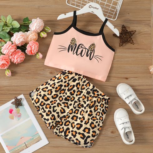 2pcs Kid Girl Letter Print Camisole and Leopard Print Shorts Set