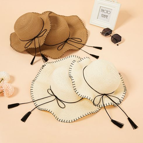 Tassel Bow Decor Wavy Edge Straw Hat for Mom and Me