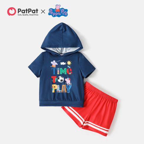 Peppa Pig 2pcs Toddler Boy Letter Print Hooded Short-sleeve Tee and Striped Shorts Set