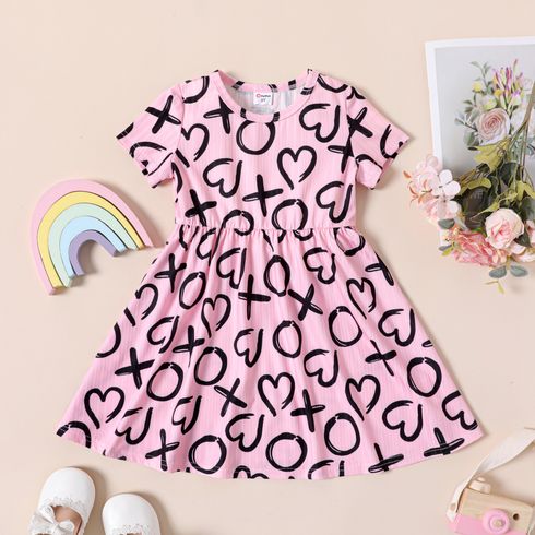 Toddler Girl Heart Allover Print Ribbed Short-sleeve Pink Dress
