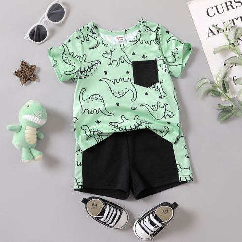 2pcs Baby Boy Allover Dinosaur Print Short-sleeve T-shirt and Colorblock Shorts Set