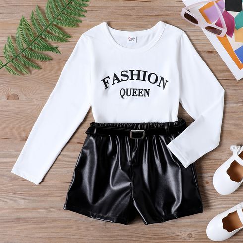 2pcs Kid Girl Letter Print Long-sleeve Tee and Belted Faux Leather Black Shorts Set