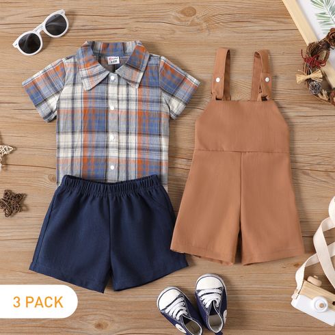 3-Pack Baby Boy Short-sleeve Plaid Shirt and Solid Shorts with Overalls Set