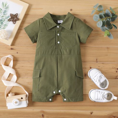 Baby Boy/Girl Solid Short-sleeve Snap Romper with Pockets