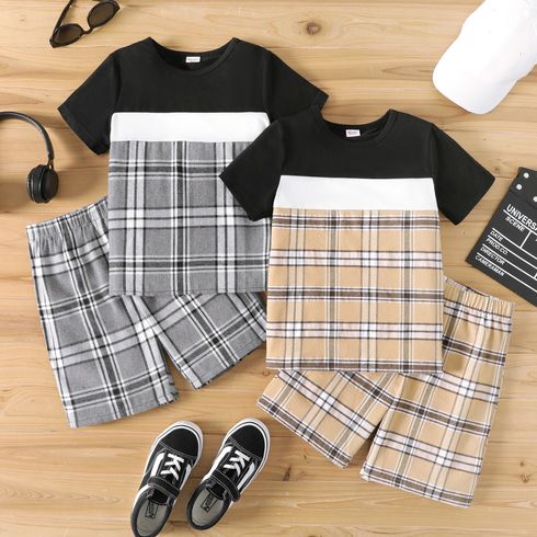 2pcs Kid Boy Casual Plaid Colorblock Short-sleeve Tee and Elasticized Shorts Set