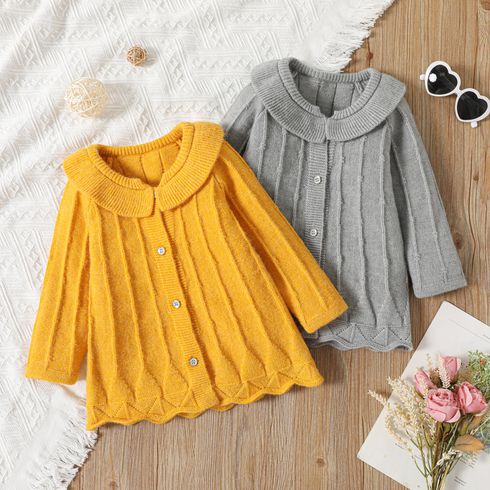 Toddler Girl Solid Color Doll Collar Textured Button Design Sweater