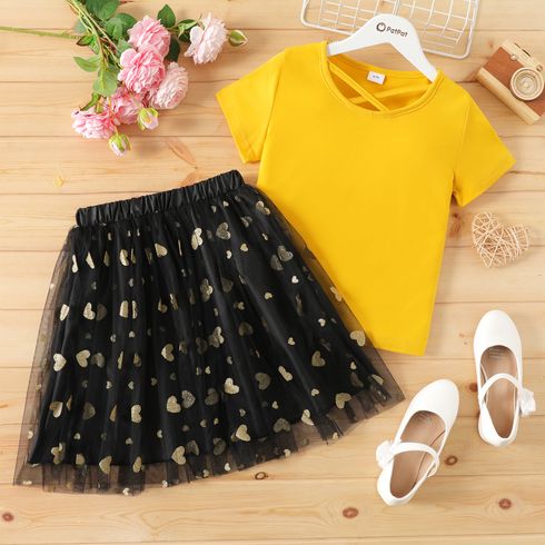 2pcs Kid Girl Crisscross Short-sleeve Tee and Heart Glitter Design Mesh Skirt Set