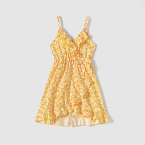 Family Matching Yellow Floral Print Surplice Neck Ruffle Trim Wrap Cami Dresses and Colorblock Short-sleeve T-shirts Sets Yellow big image 4