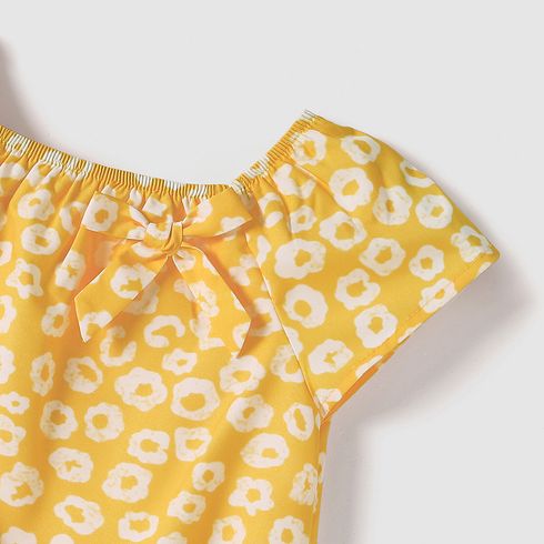Family Matching Yellow Floral Print Surplice Neck Ruffle Trim Wrap Cami Dresses and Colorblock Short-sleeve T-shirts Sets Yellow big image 7