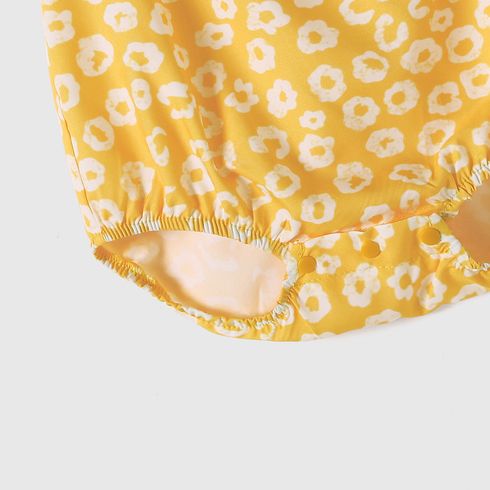 Family Matching Yellow Floral Print Surplice Neck Ruffle Trim Wrap Cami Dresses and Colorblock Short-sleeve T-shirts Sets Yellow big image 8