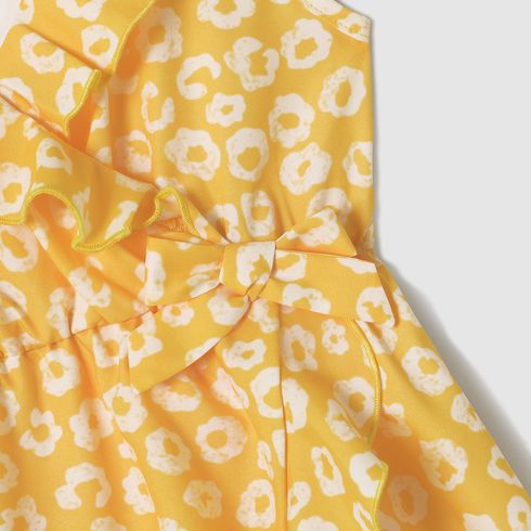 Family Matching Yellow Floral Print Surplice Neck Ruffle Trim Wrap Cami Dresses and Colorblock Short-sleeve T-shirts Sets Yellow big image 5