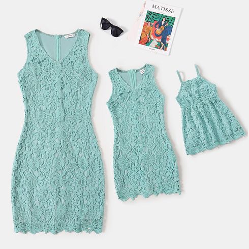 Green Lace V Neck Bodycon Tank Dress for Mom and Me