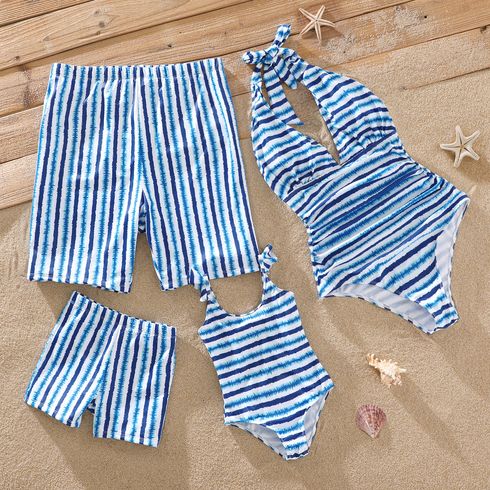 Family Matching Tie Dye Striped Halter One-Piece Swimsuit and Swim Trunks Shorts