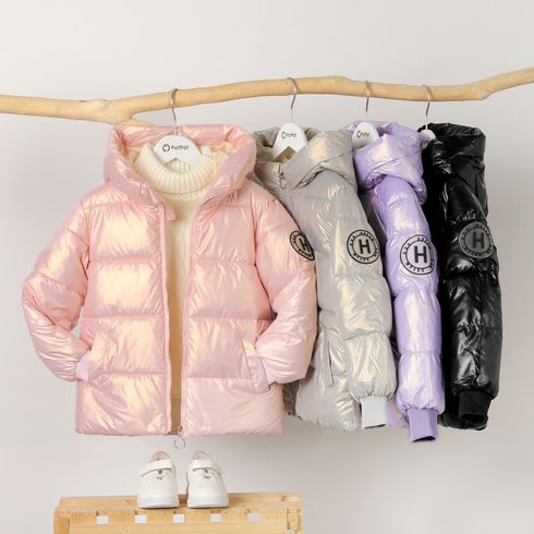 Kid Girl Letter Print Metallic Zipper Hooded Puffer Down Coat