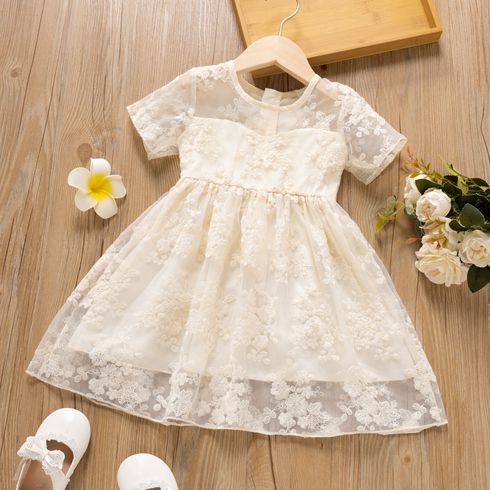 Toddler Girl Floral Embroidered Mesh Design Short-sleeve Princess Party Dress
