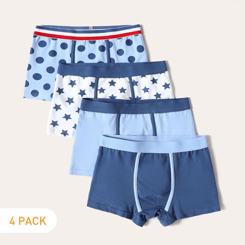 4-Pack Kid Boy Polka dots/Stars Print Solid Color Cotton Boxer Briefs Underwear