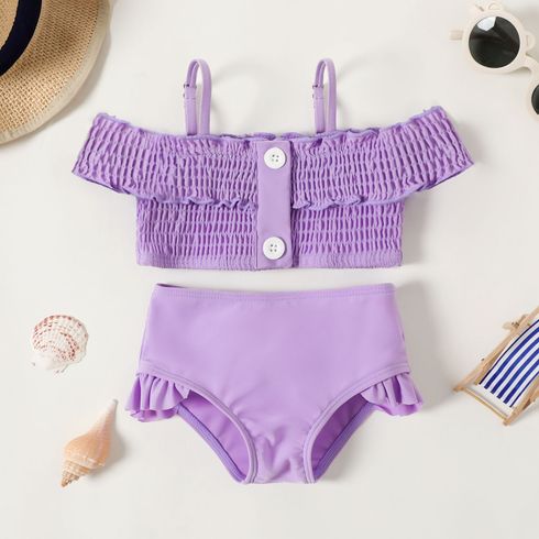 2pcs Baby Girl Purple Shirred Cold Shoulder Cami Set Swimsuit