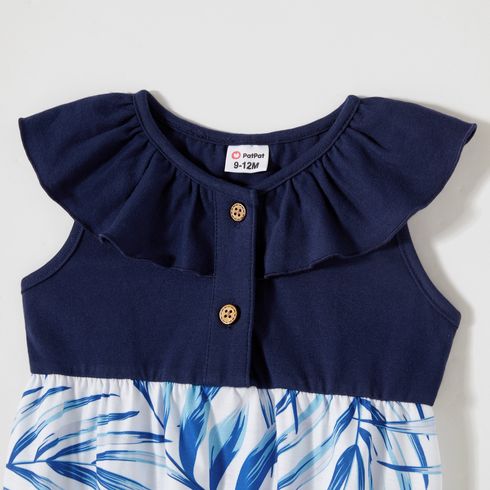 Family Matching Allover Palm Leaf Print & Solid Spliced Surplice Neck Flutter-sleeve Dresses and Colorblock Short-sleeve T-shirts Sets sapphirebluewhite big image 8