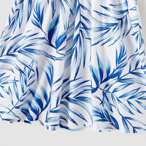 Family Matching Allover Palm Leaf Print & Solid Spliced Surplice Neck Flutter-sleeve Dresses and Colorblock Short-sleeve T-shirts Sets sapphirebluewhite big image 5