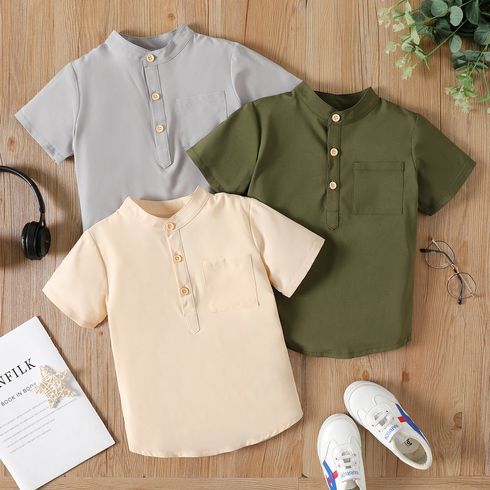 Kid Boy Button Pocket Design Solid Color Short-sleeve Shirt