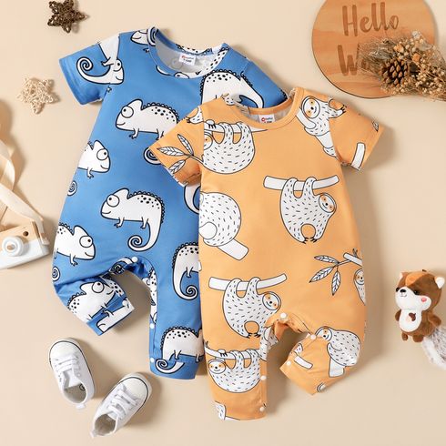 Baby Boy Allover Cartoon Animal Print Short-sleeve Jumpsuit