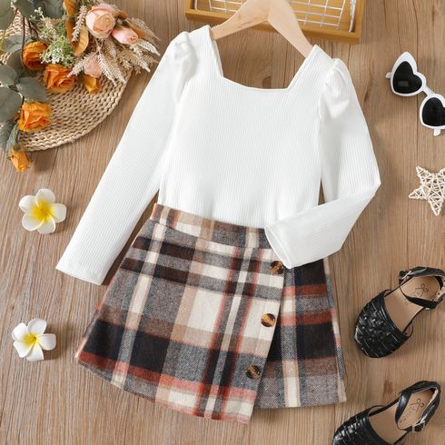 2pcs Kid Girl Square Neck Long-sleeve Ribbed White Tee and Plaid Button Design Irregular Shorts Set